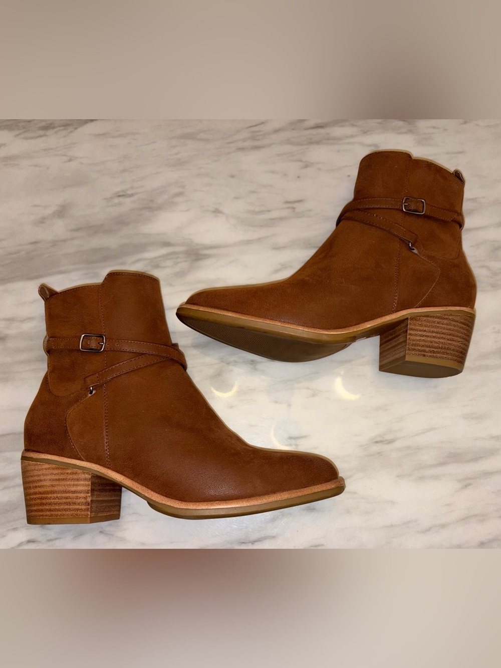 MIA Cognac Brown Ankle Booties Buckle Strap Stacked Heel Size 8.5